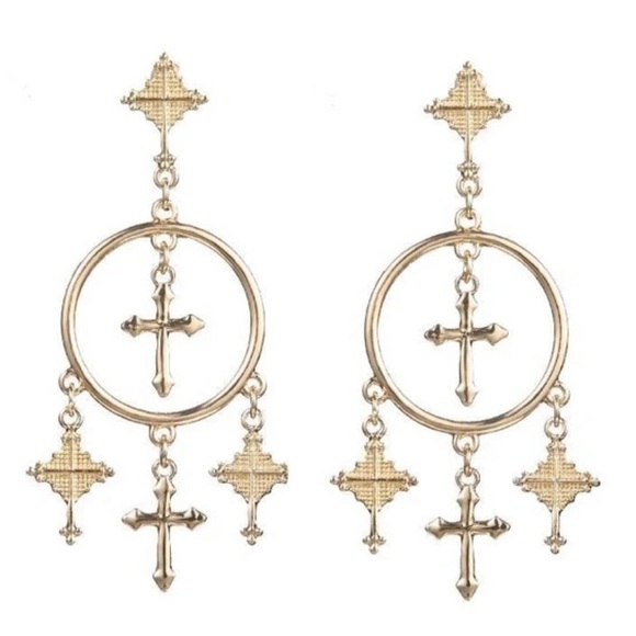 Gold Cross Hoop Tassel Chandelier Drop Earrings - Picture 2 of 3